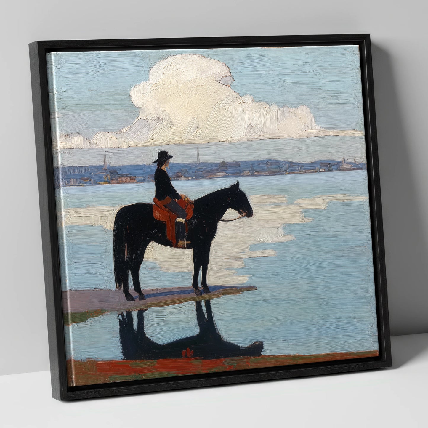 Solitude at the Shore beach horse canvas wall art in black frame