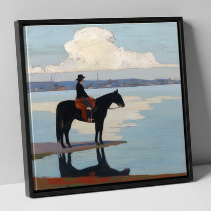 Solitude at the Shore beach horse canvas wall art in black frame