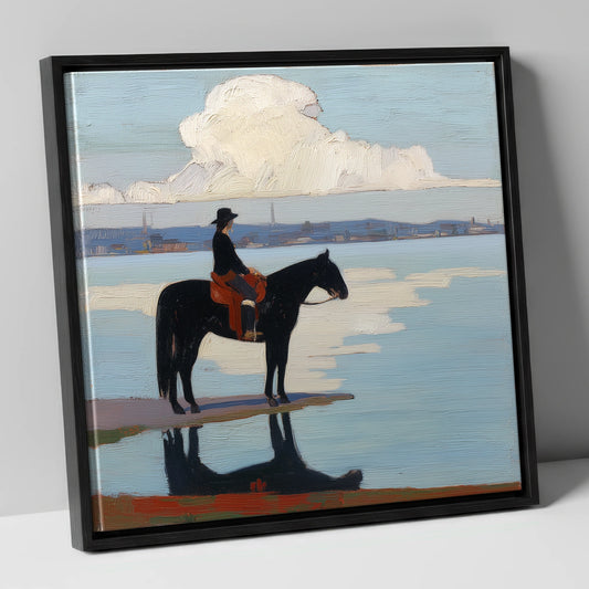 Solitude at the Shore beach horse canvas wall art in black frame