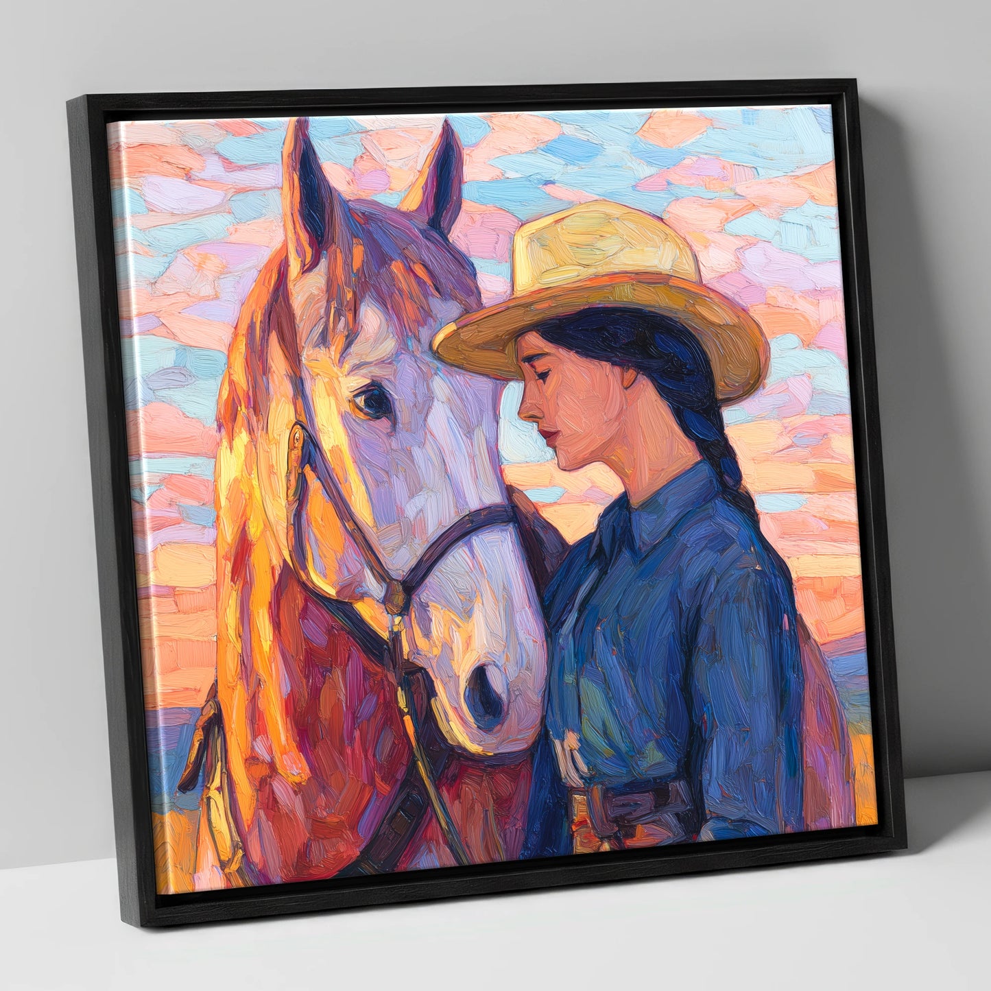 The Sundown Bond horse & rider canvas wall art in black frame