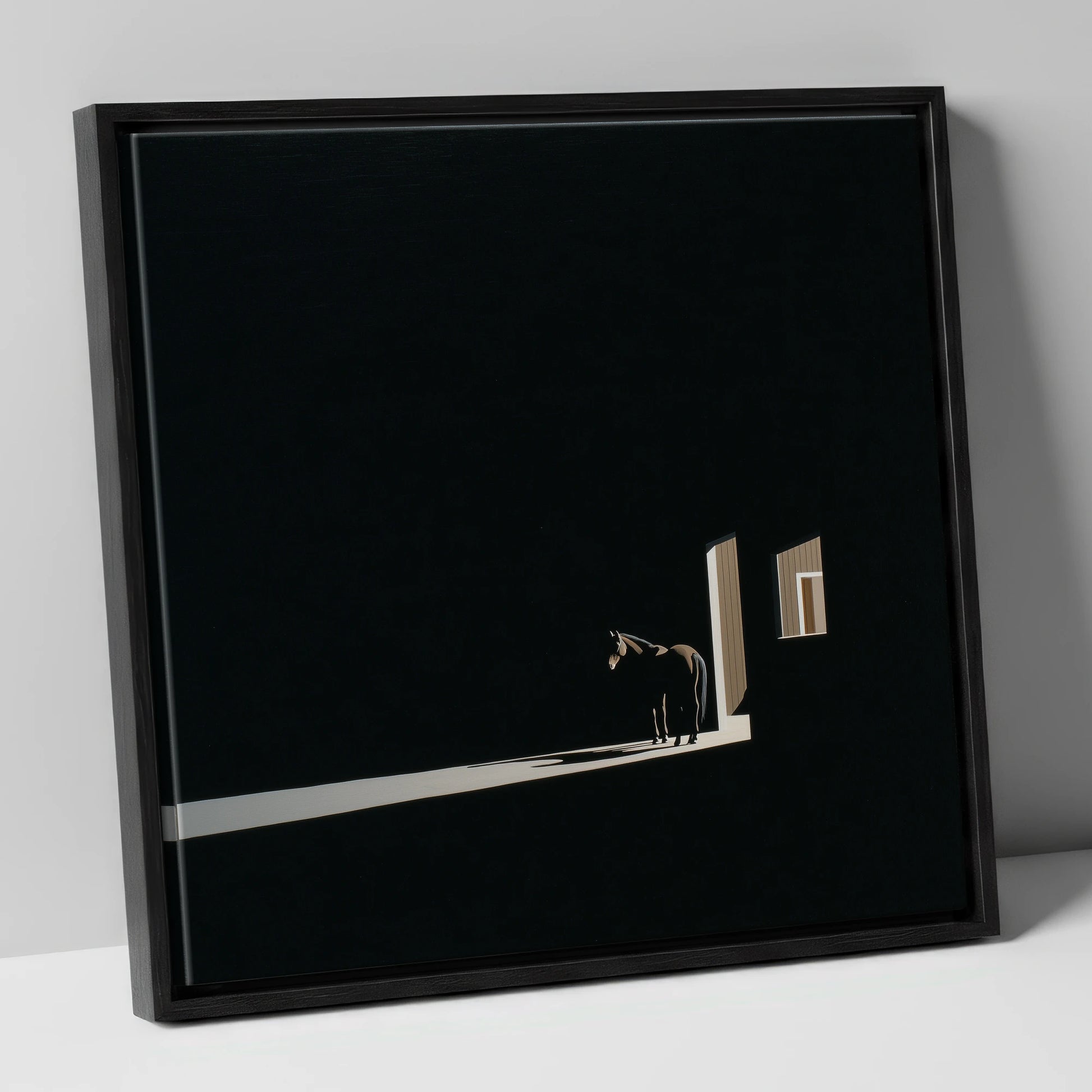 Solitary Light horse stable canvas wall art in black frame