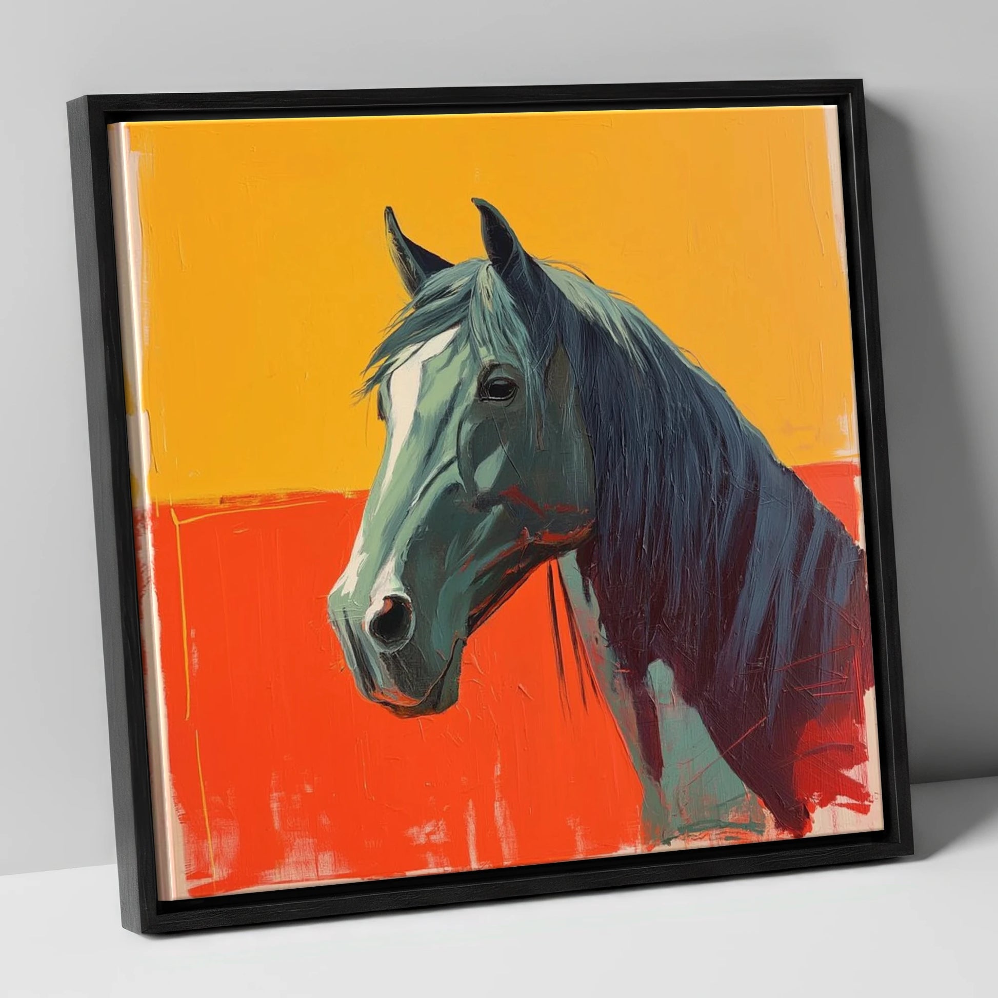 Fiery Grey Portrait horse breed canvas wall art in black frame