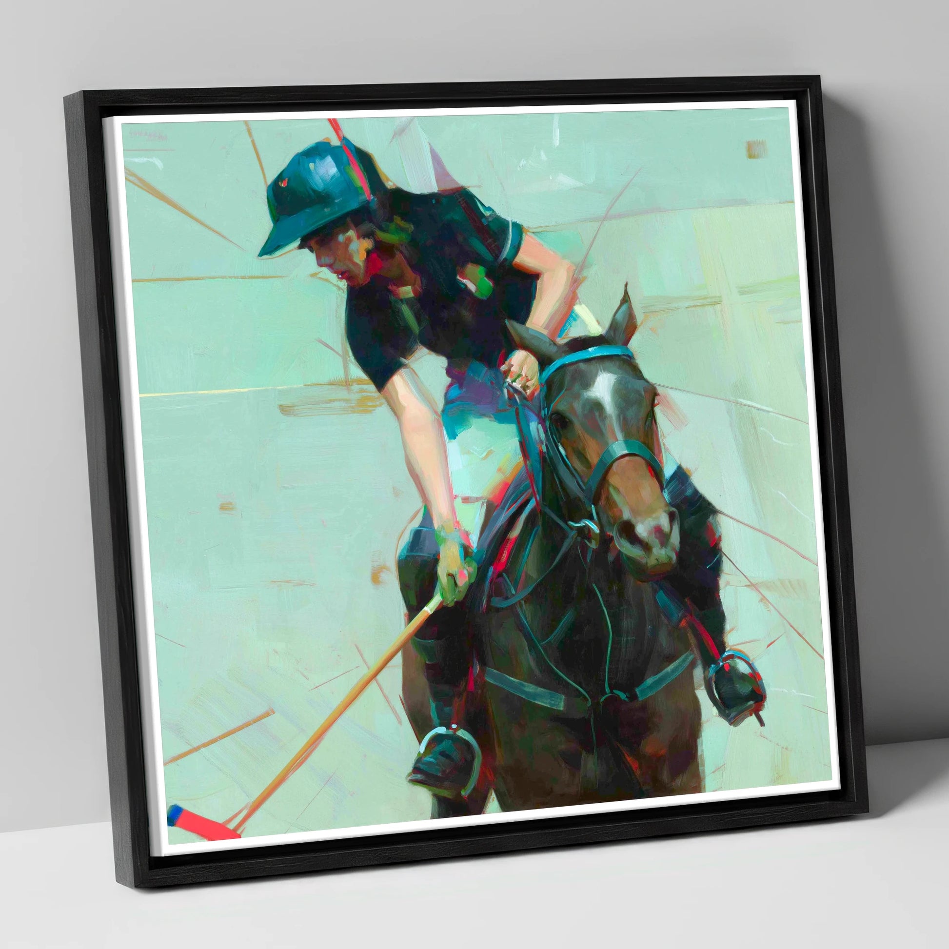 Mid-Match Focus polo horse canvas wall art in black frame
