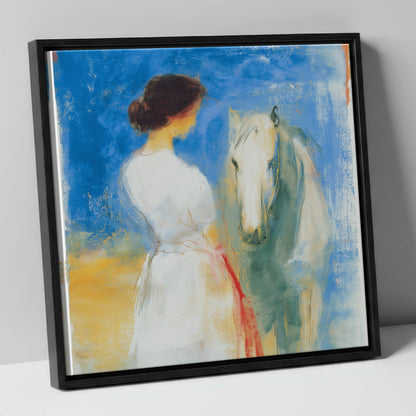 Whispers in Blue horse & rider canvas wall art in black frame