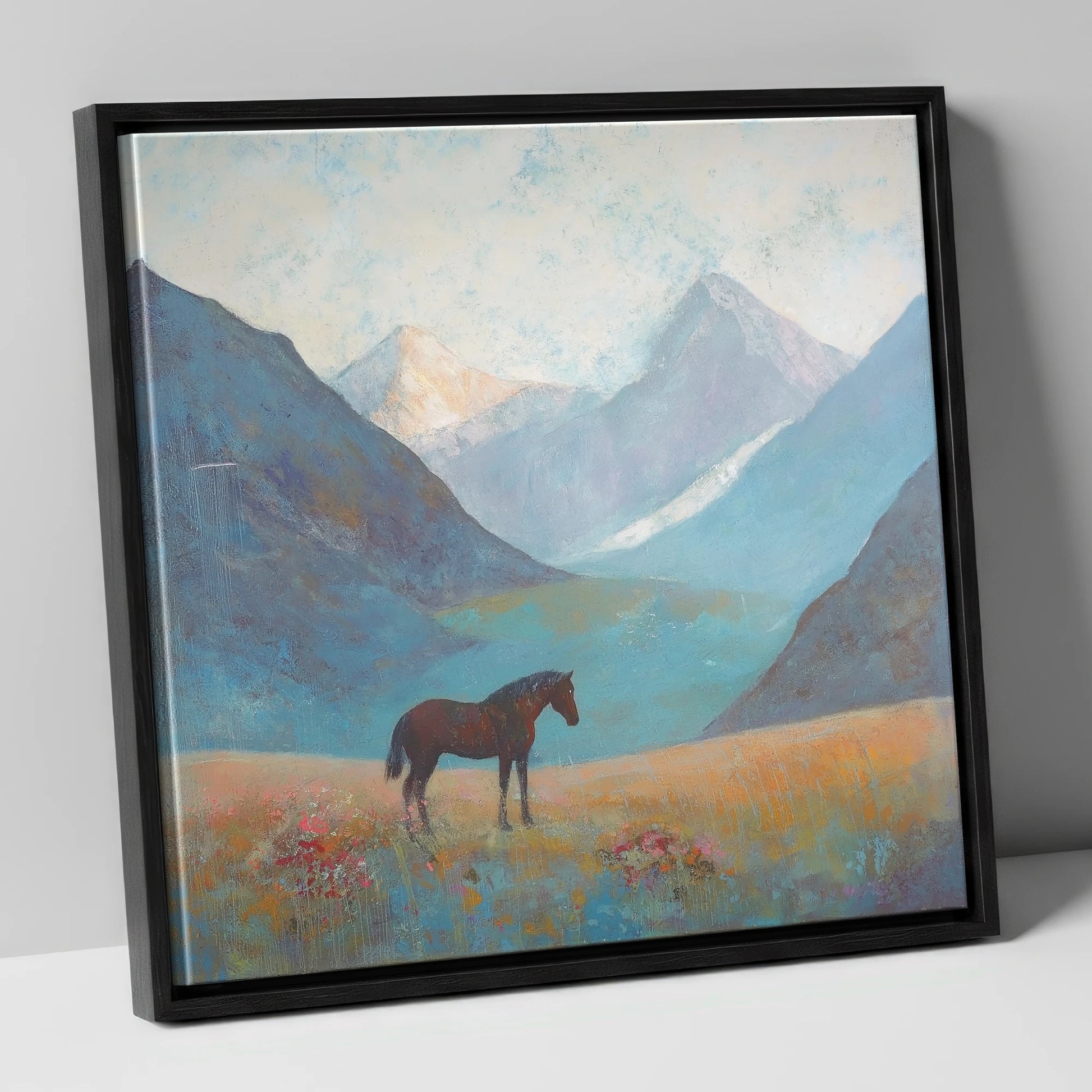 Mountain Solitude horse landscape canvas wall art in black frame