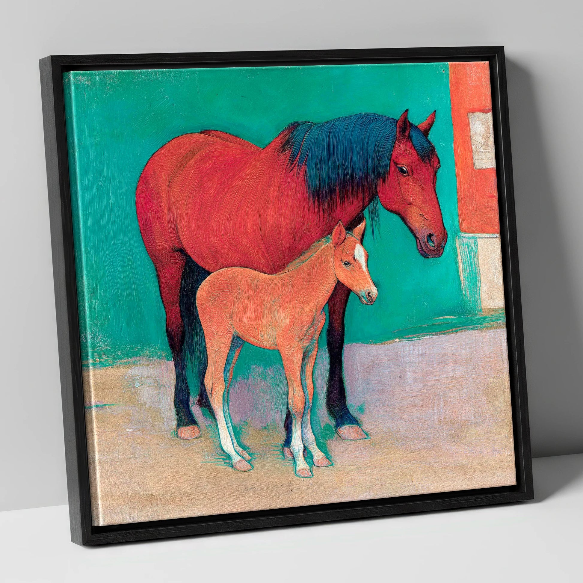 Crimson Mare and Foal mare & foal canvas wall art in black frame