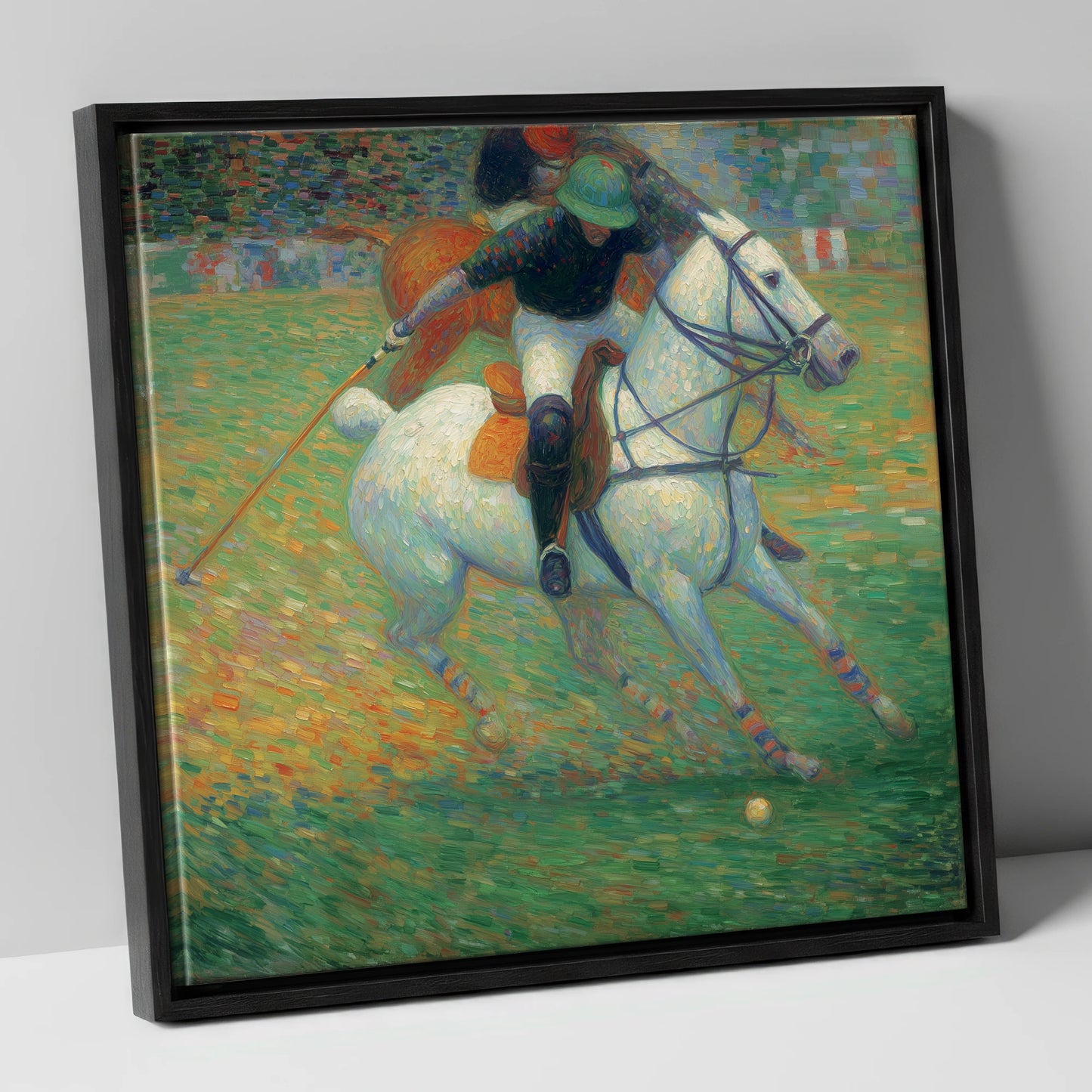 Luminous Polo Charge polo horse canvas wall art in black frame