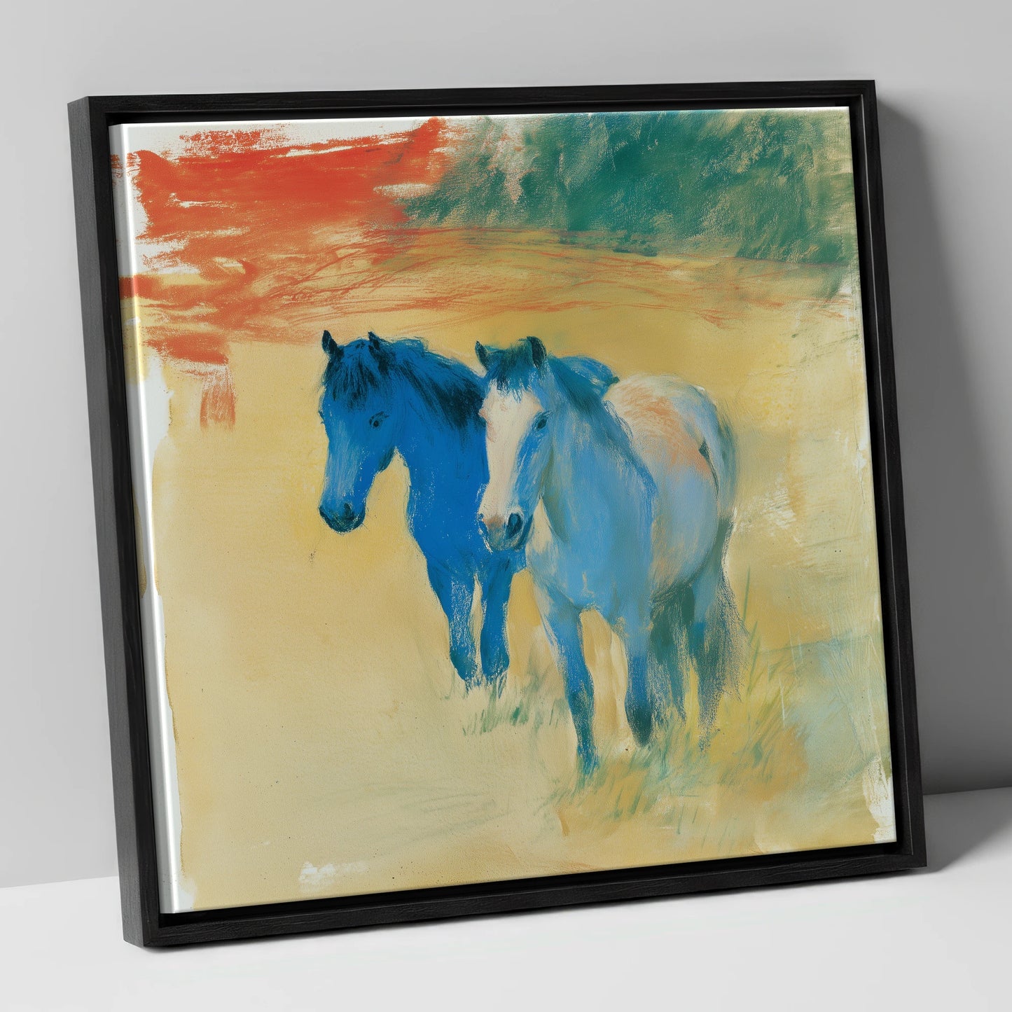 Cobalt Companions horse landscape canvas wall art in black frame