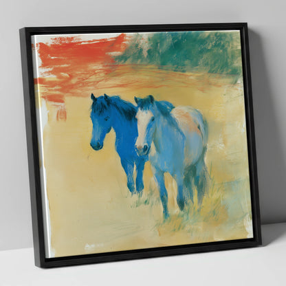 Cobalt Companions horse landscape canvas wall art in black frame