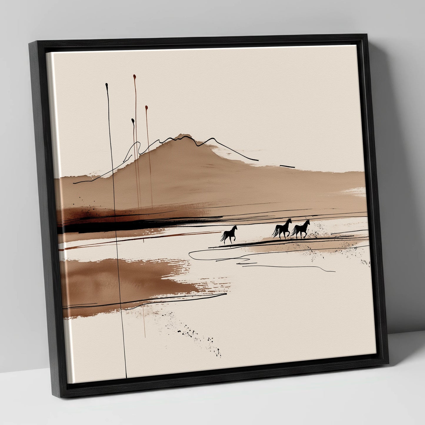 Sepia Equine Horizon horse landscape canvas wall art in black frame