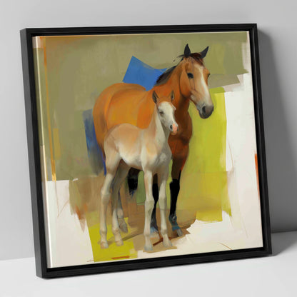Modern Golden Bond mare & foal canvas wall art in black frame