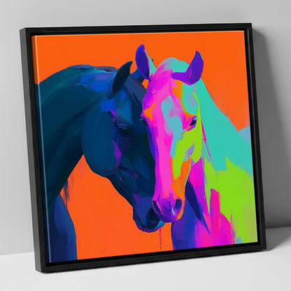 Vibrant Equine Embrace horse portrait canvas wall art in black frame