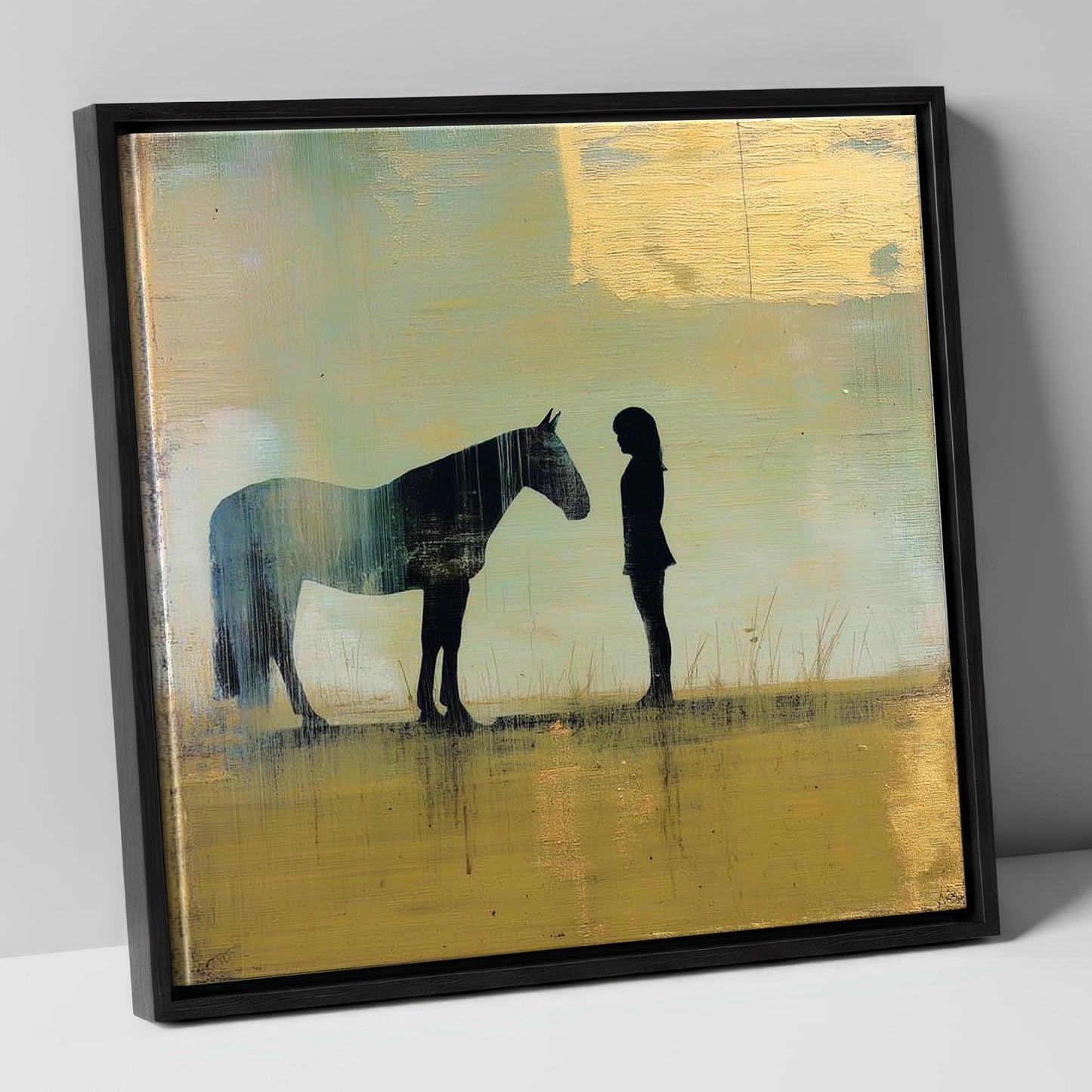 Silent Communion horse & rider canvas wall art in black frame