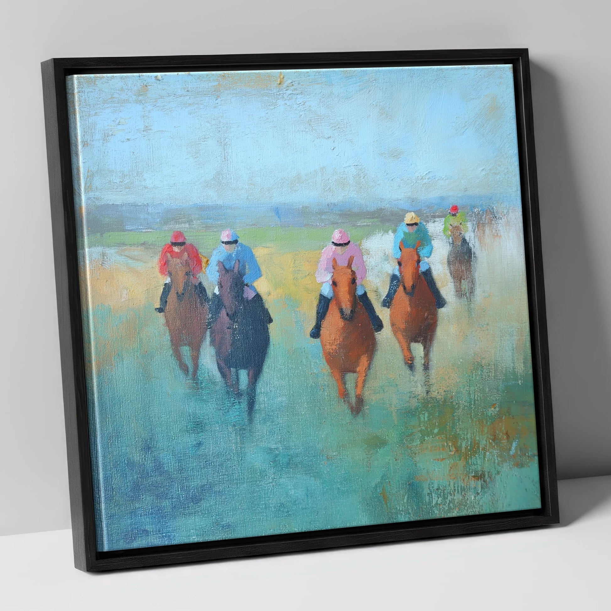 Through the Mist racing horse canvas wall art in black frame