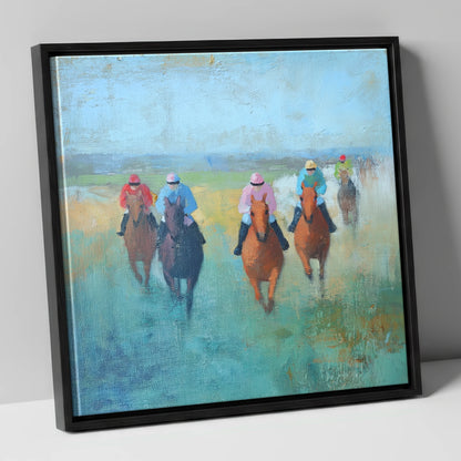 Through the Mist racing horse canvas wall art in black frame