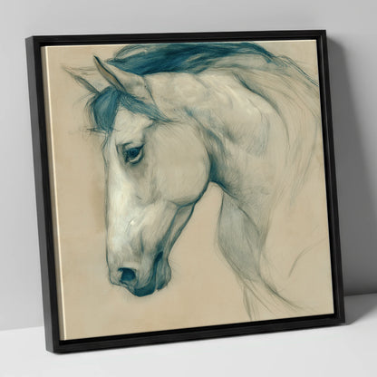 Quiet Grey Profile horse portrait canvas wall art in black frame
