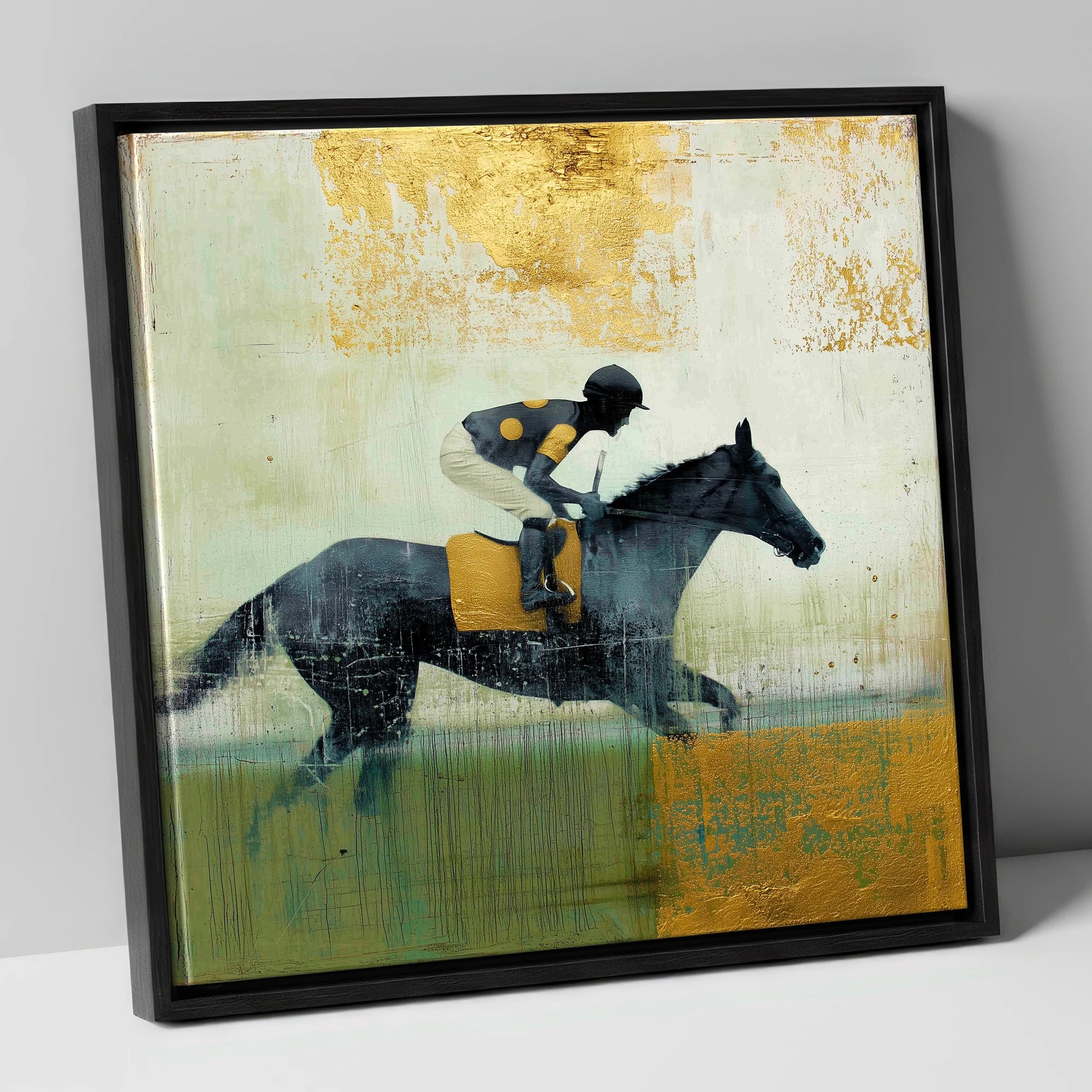 The Golden Furlong racing horse canvas wall art in black frame