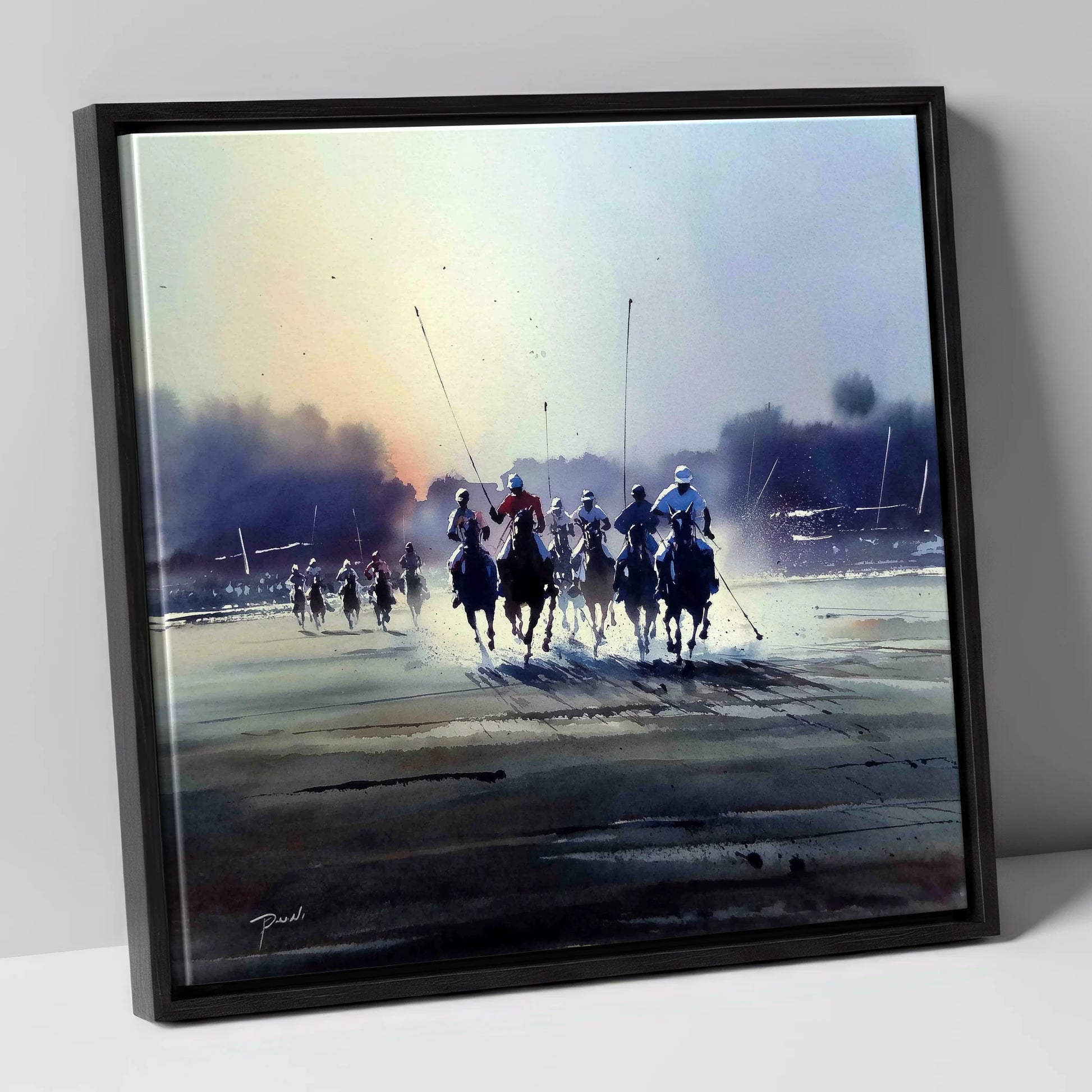 Thundering Polo Charge polo horse canvas wall art in black frame