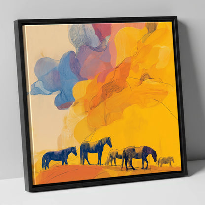 Golden Horizon Herd horse landscape canvas wall art in black frame