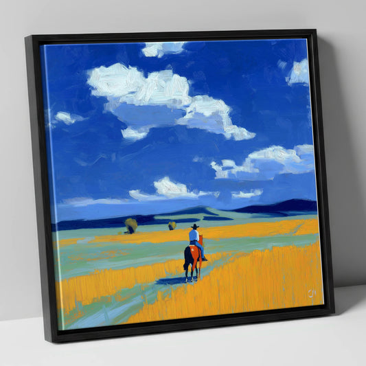 Riding the Big Sky western horse canvas wall art in black frame