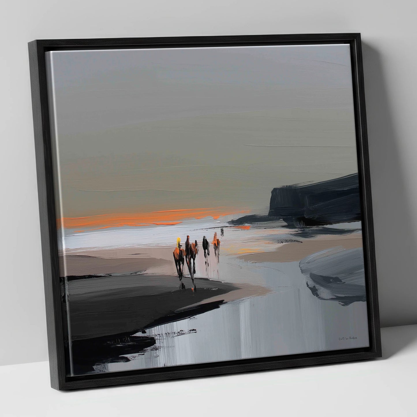 Sunset Coastal Hack horse landscape canvas wall art in black frame