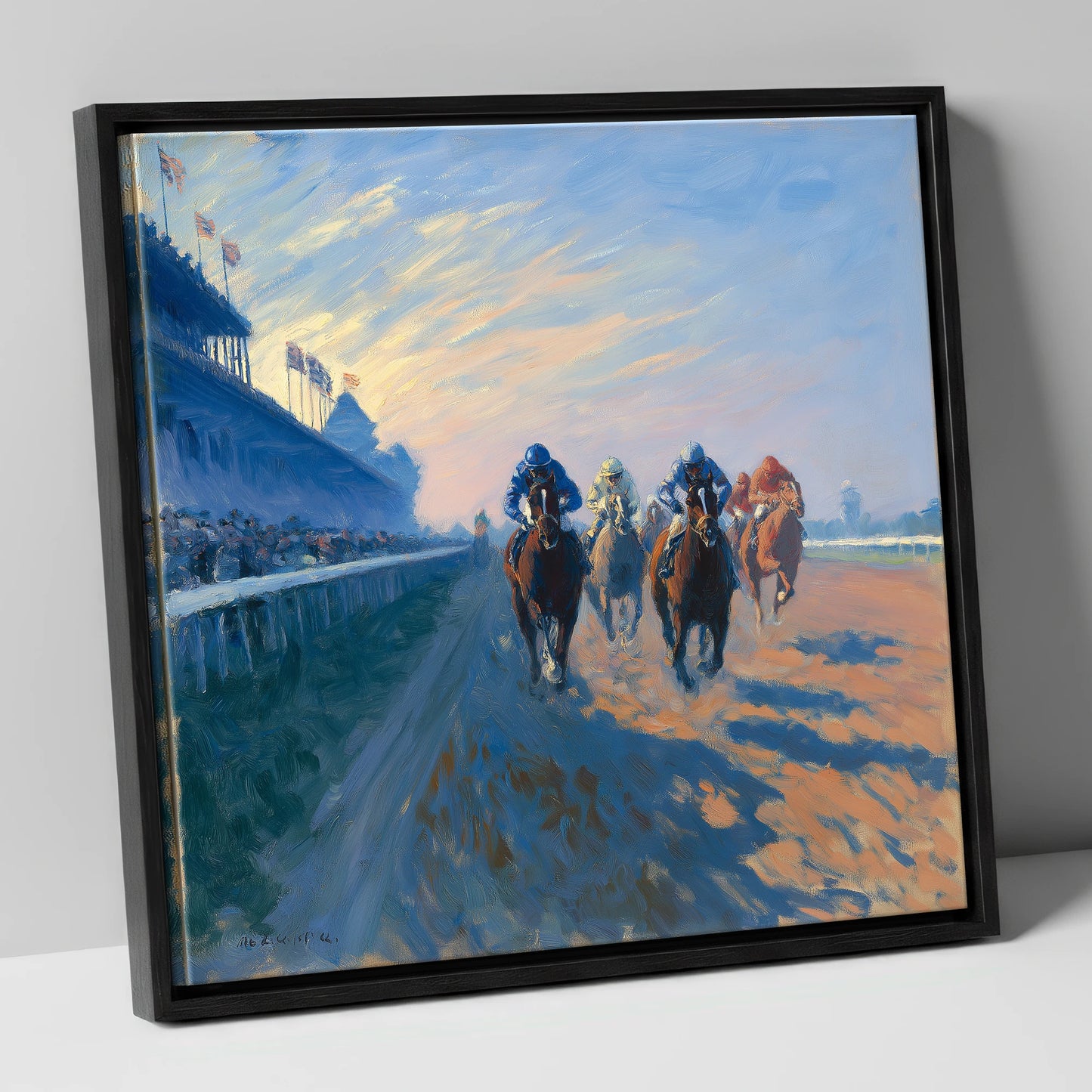 Thundering Towards Home racing horse canvas wall art in black frame