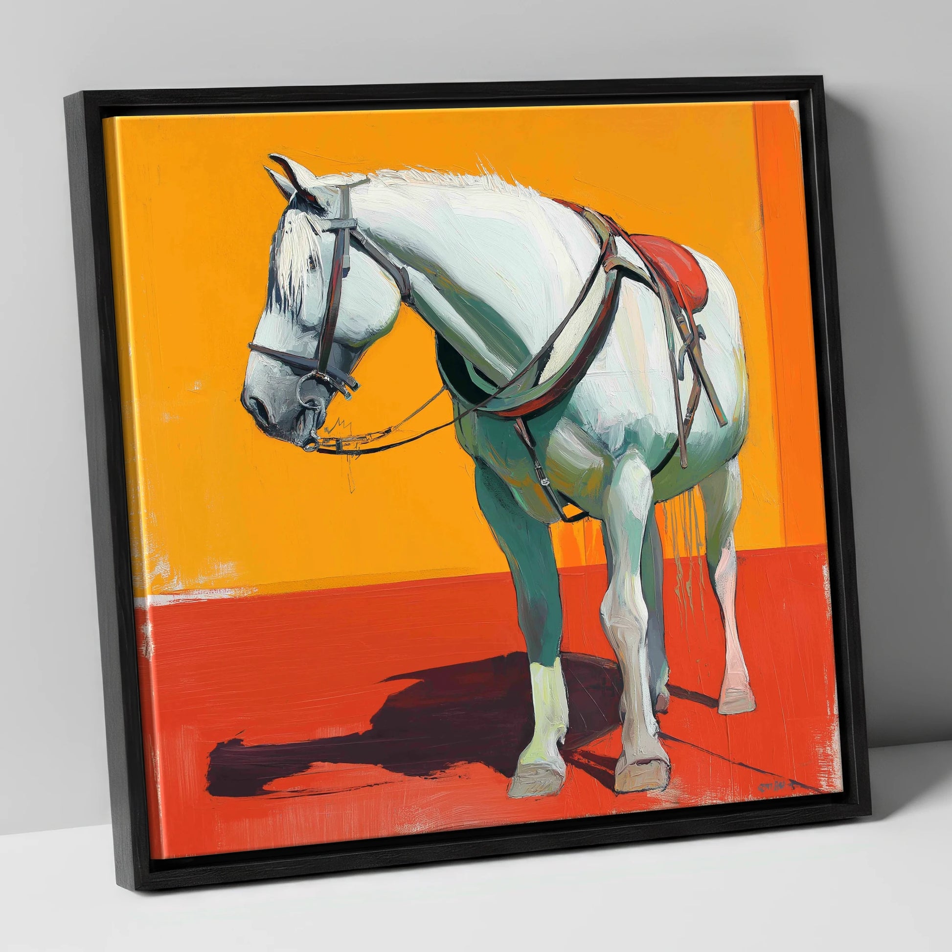 Vibrant Harnessed Grey working horse canvas wall art in black frame