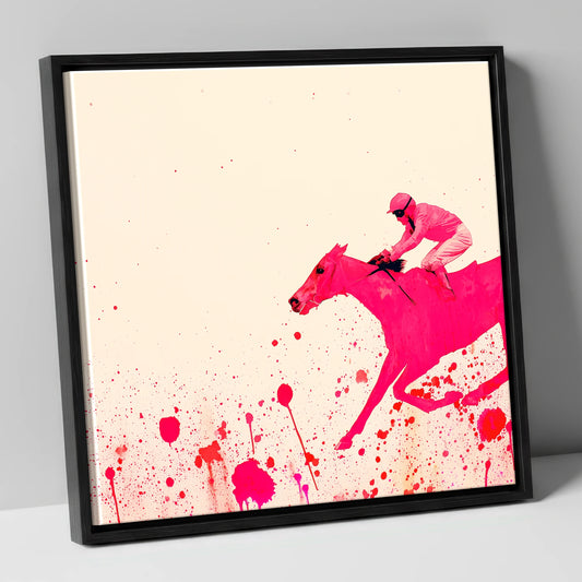 Velocity in Magenta racing horse canvas wall art in black frame