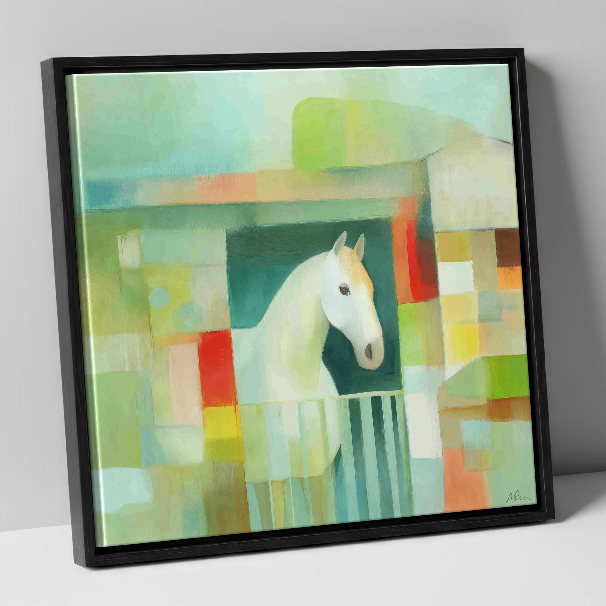 Geometric Stable Grey horse stable canvas wall art in black frame