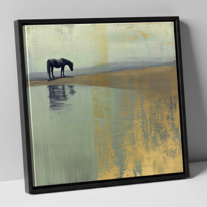 Gilded Solitude horse landscape canvas wall art in black frame
