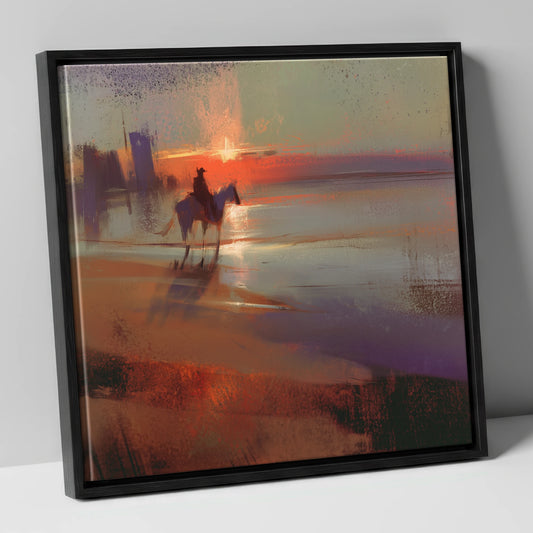 Crimson Horizon Ride horse landscape canvas wall art in black frame