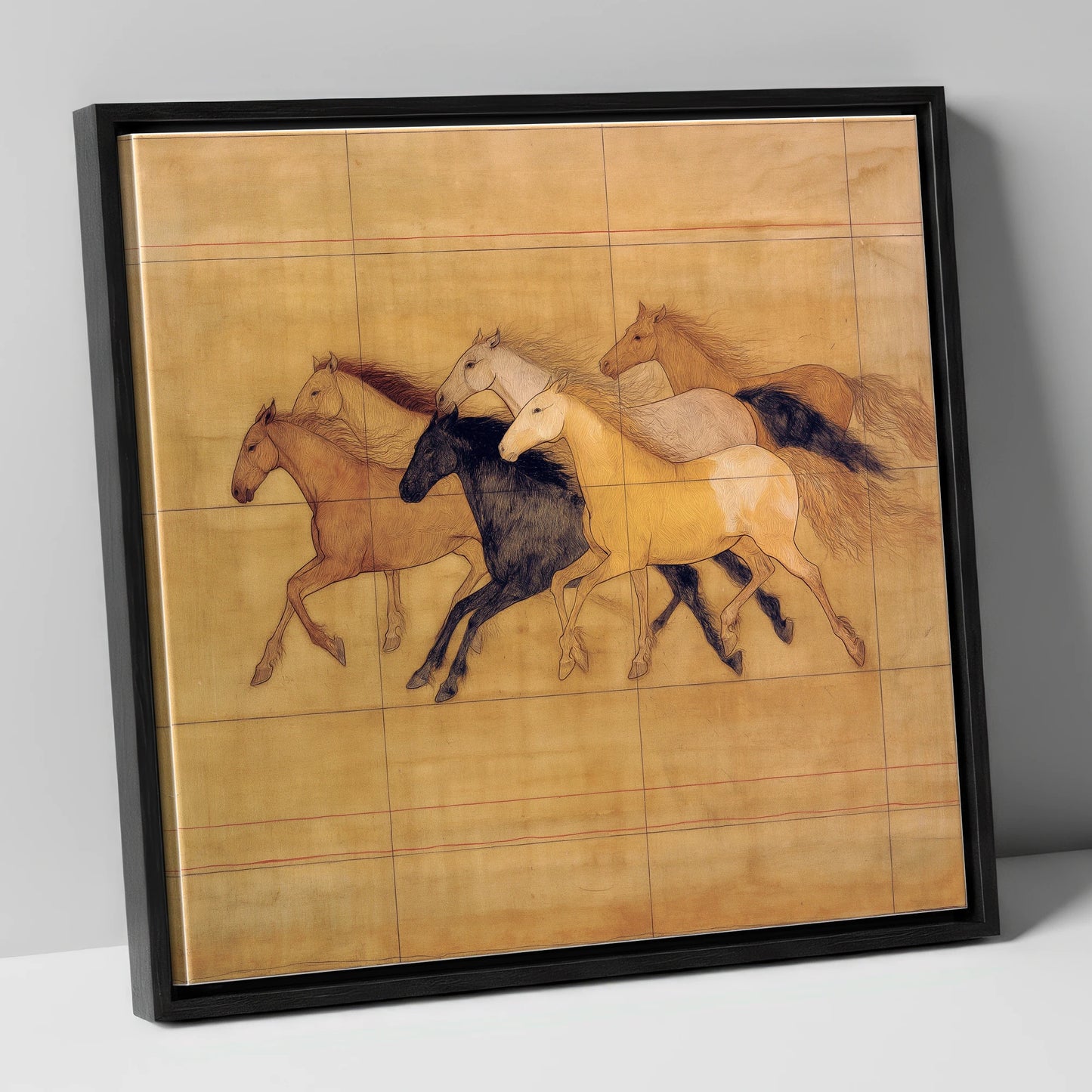 Classical Herd Study wild horses canvas wall art in black frame