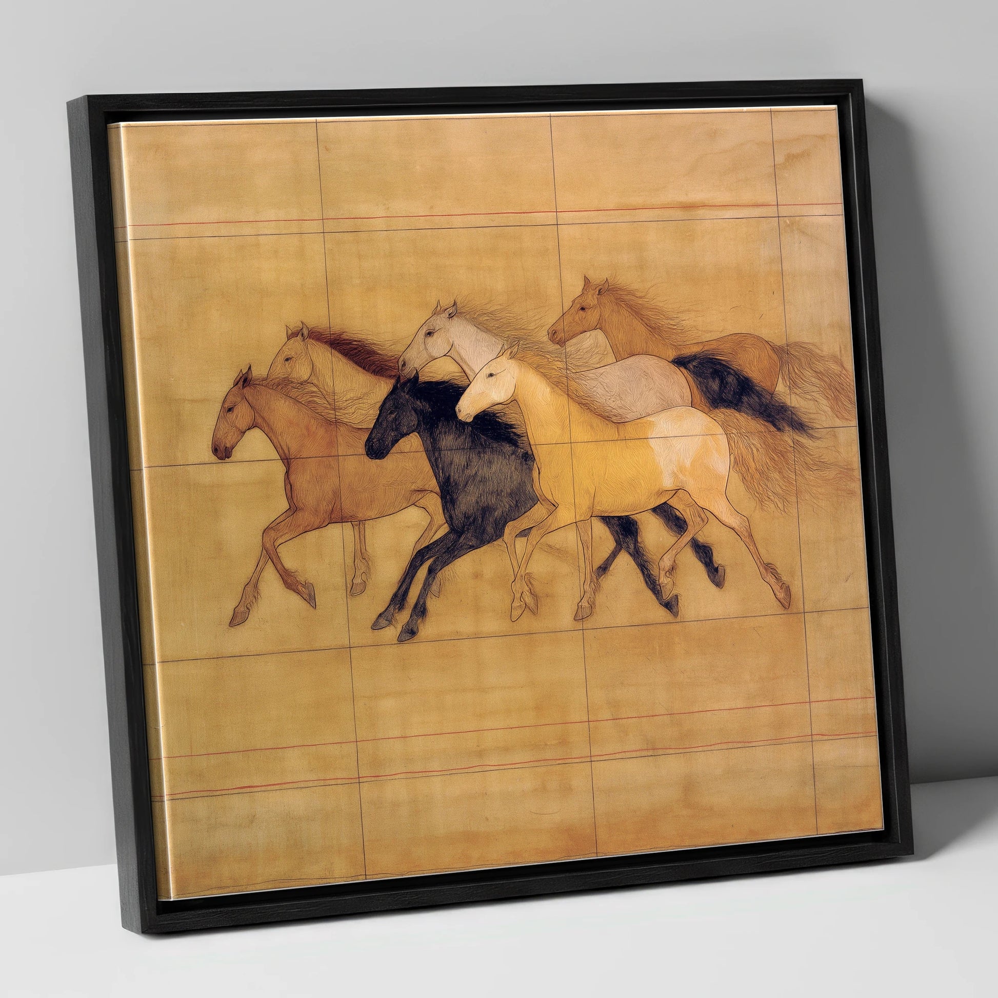 Classical Herd Study wild horses canvas wall art in black frame