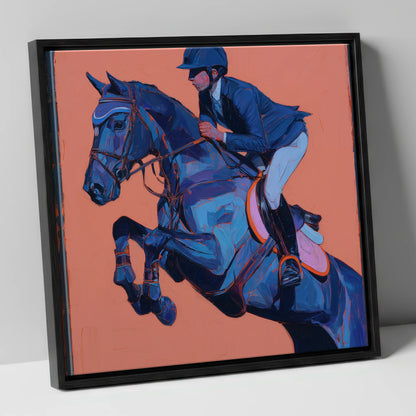 Indigo Flight show jumping horse canvas wall art in black frame