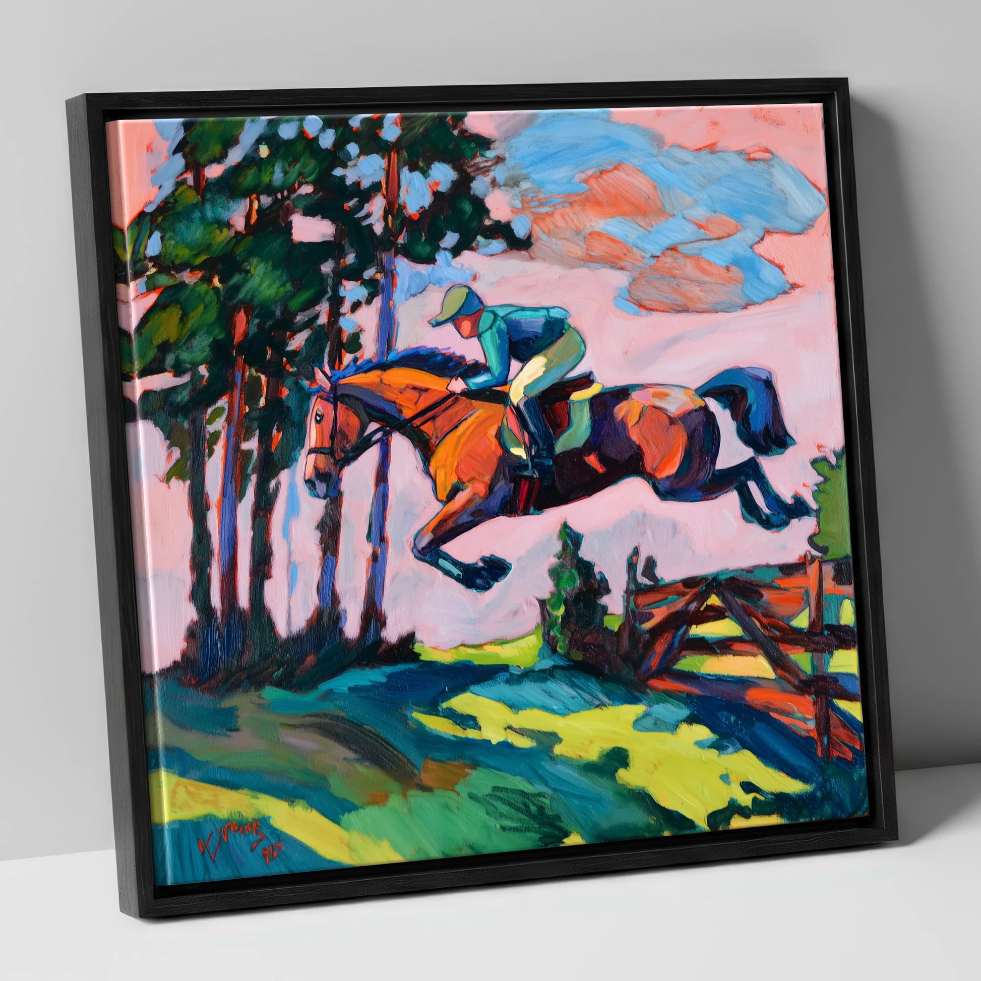 Vibrant Cross Country Leap show jumping horse canvas wall art in black frame
