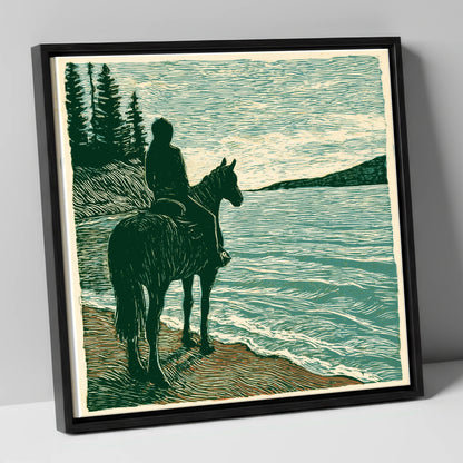 Coastal Solitude beach horse canvas wall art in black frame
