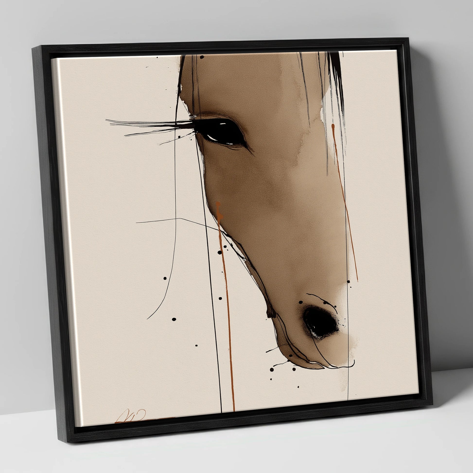 Fluid Sepia Gaze horse portrait canvas wall art in black frame