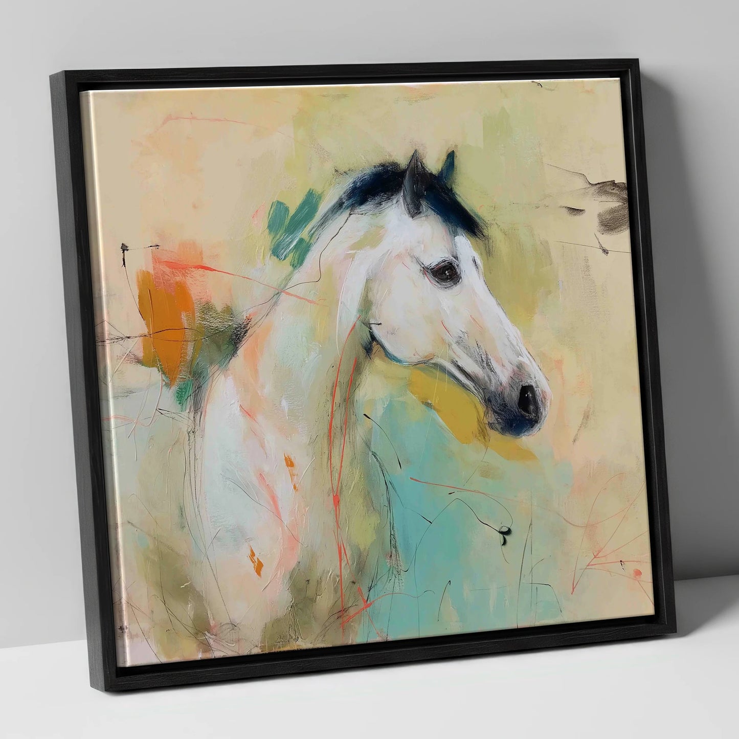Gestural Grey Portrait horse portrait canvas wall art in black frame