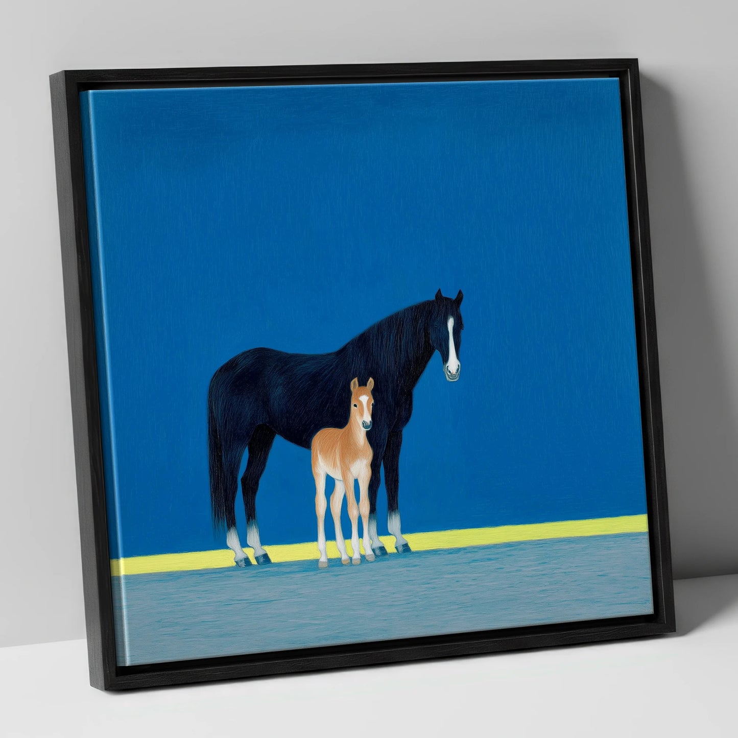 Azure Bond mare & foal canvas wall art in black frame
