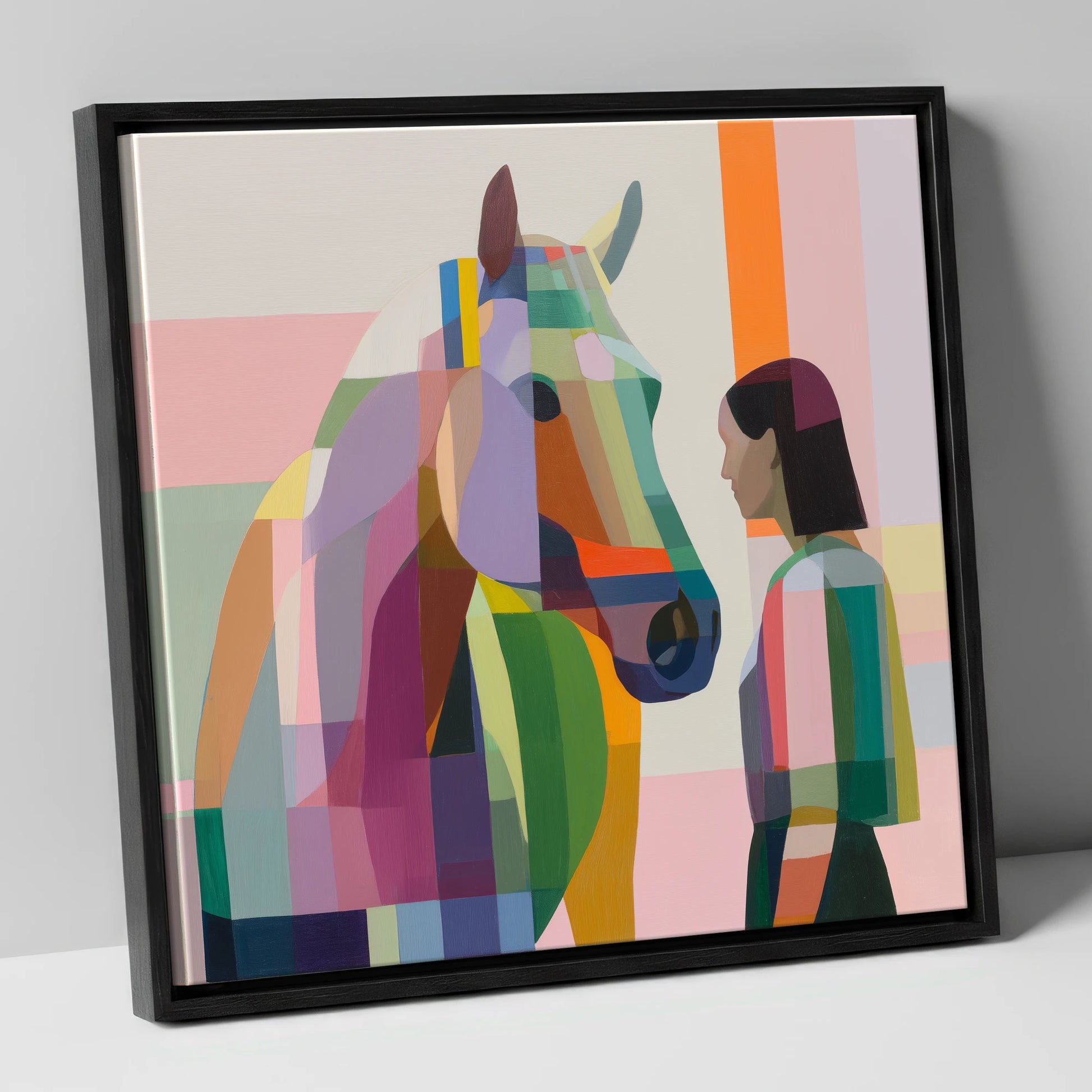 Prismatic Partnership horse & rider canvas wall art in black frame