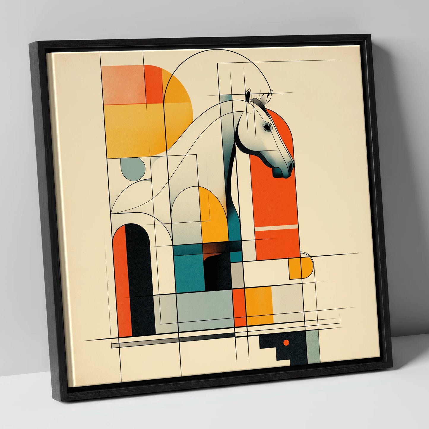 Architectural Equine Profile horse stable canvas wall art in black frame