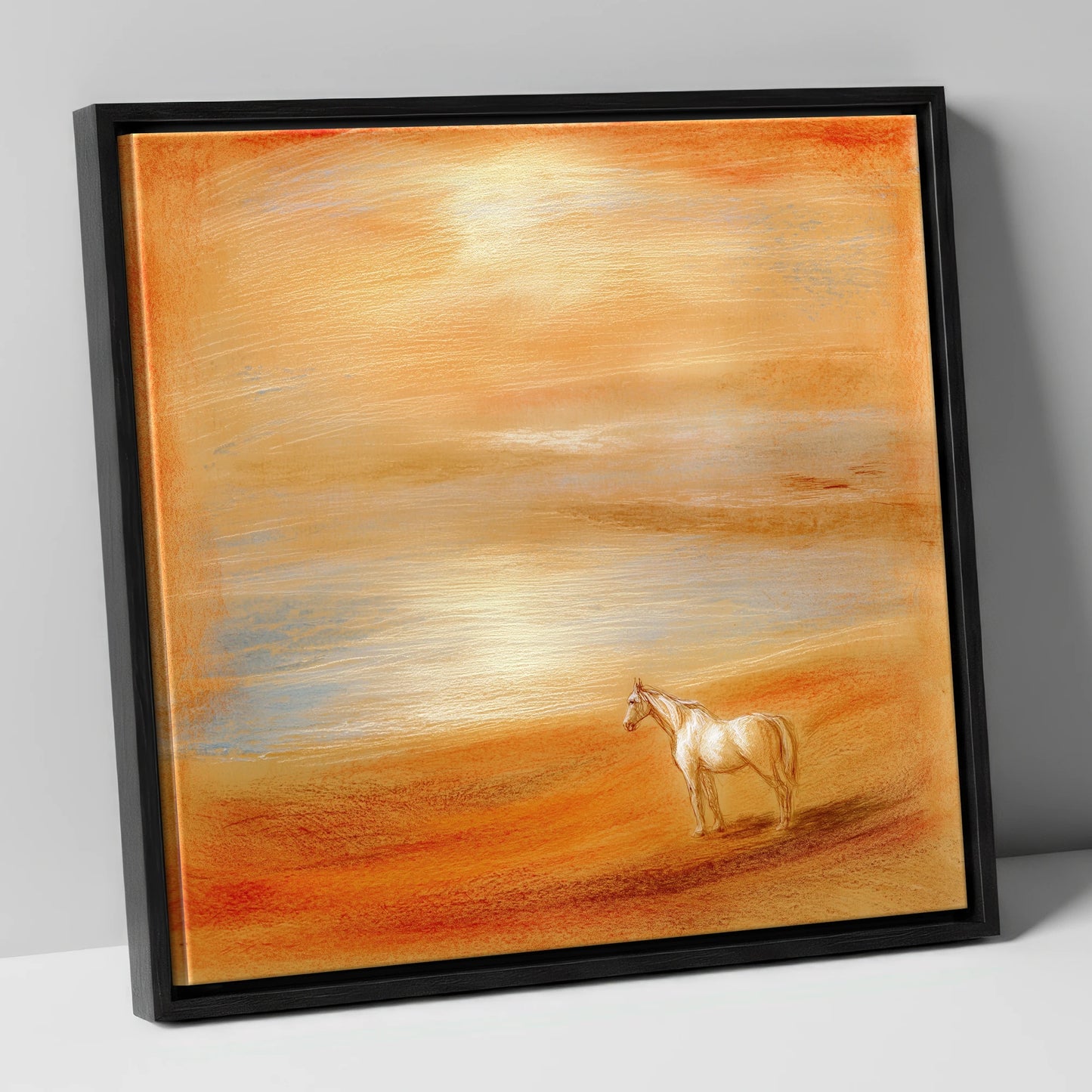 Amber Horizon horse landscape canvas wall art in black frame