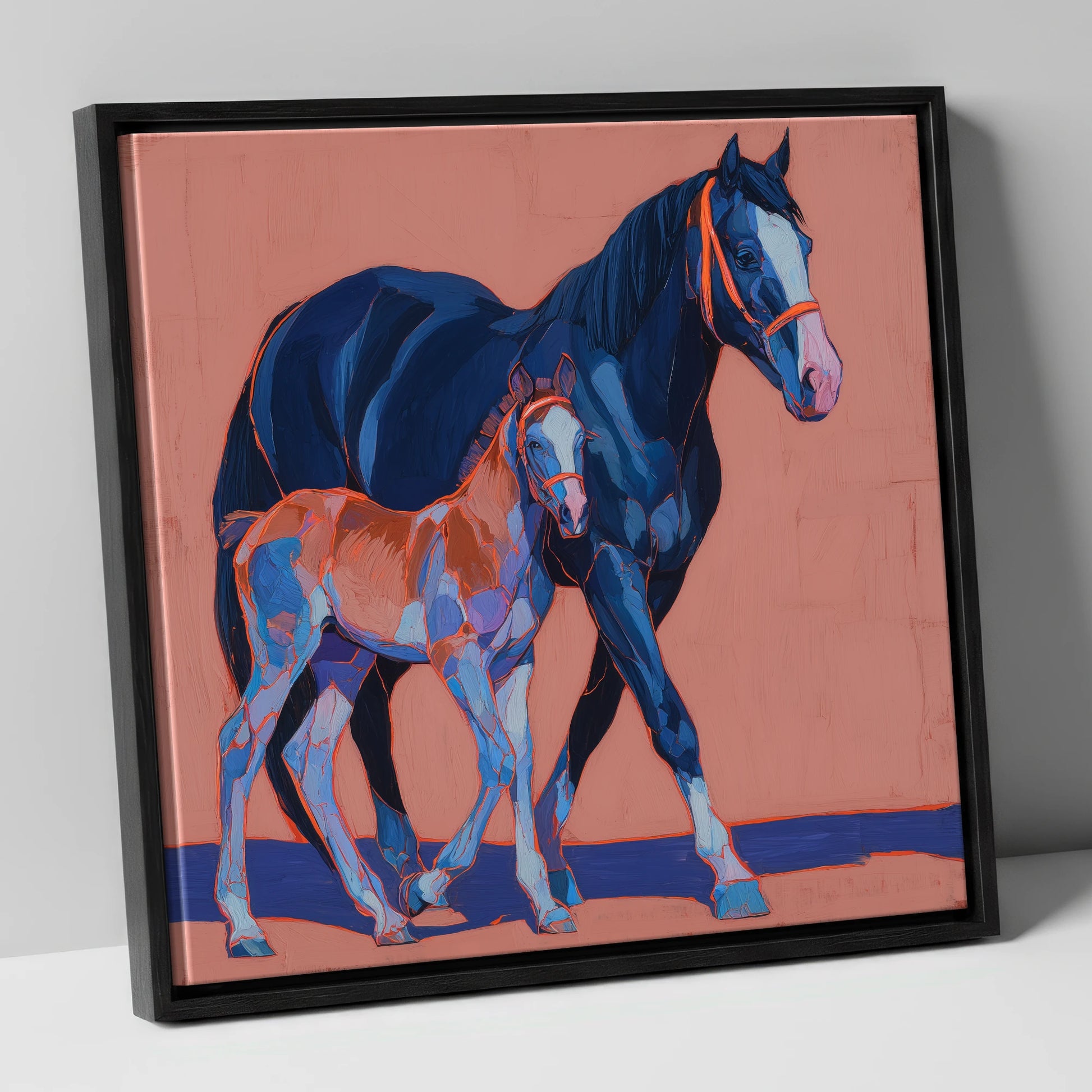 Bold Beginnings mare & foal canvas wall art in black frame