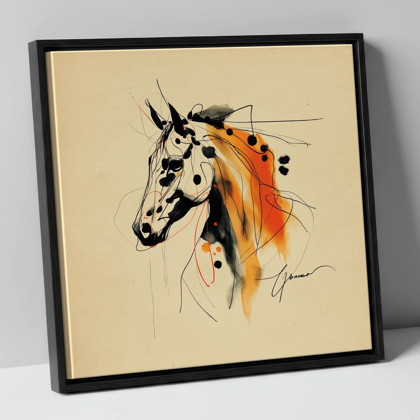 Abstract Amber Spirit horse breed canvas wall art in black frame