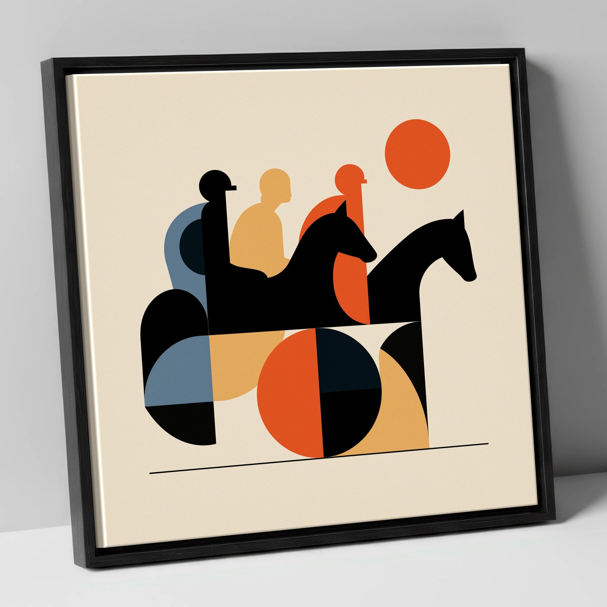 Retro Turf Pursuit racing horse canvas wall art in black frame