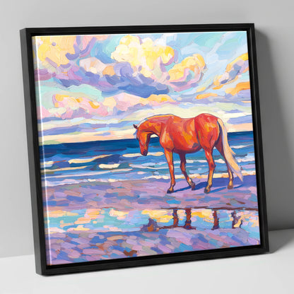Vivid Coastal Solitude horse landscape canvas wall art in black frame