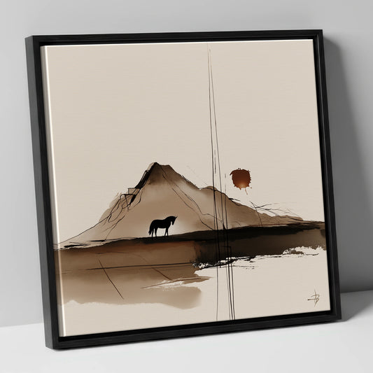 Quiet Mountain Silhouette horse landscape canvas wall art in black frame