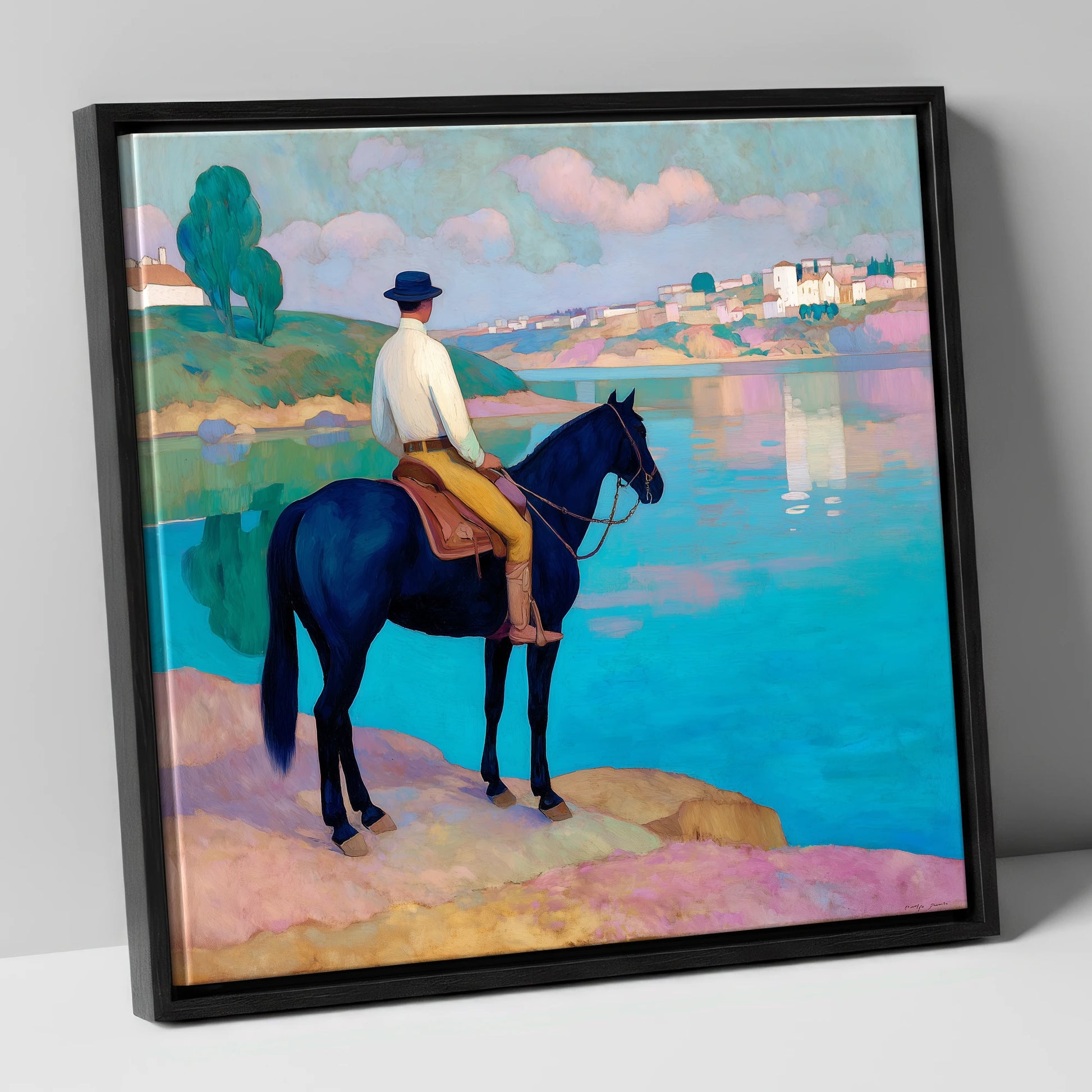 Gazing Across Vivid Waters beach horse canvas wall art in black frame