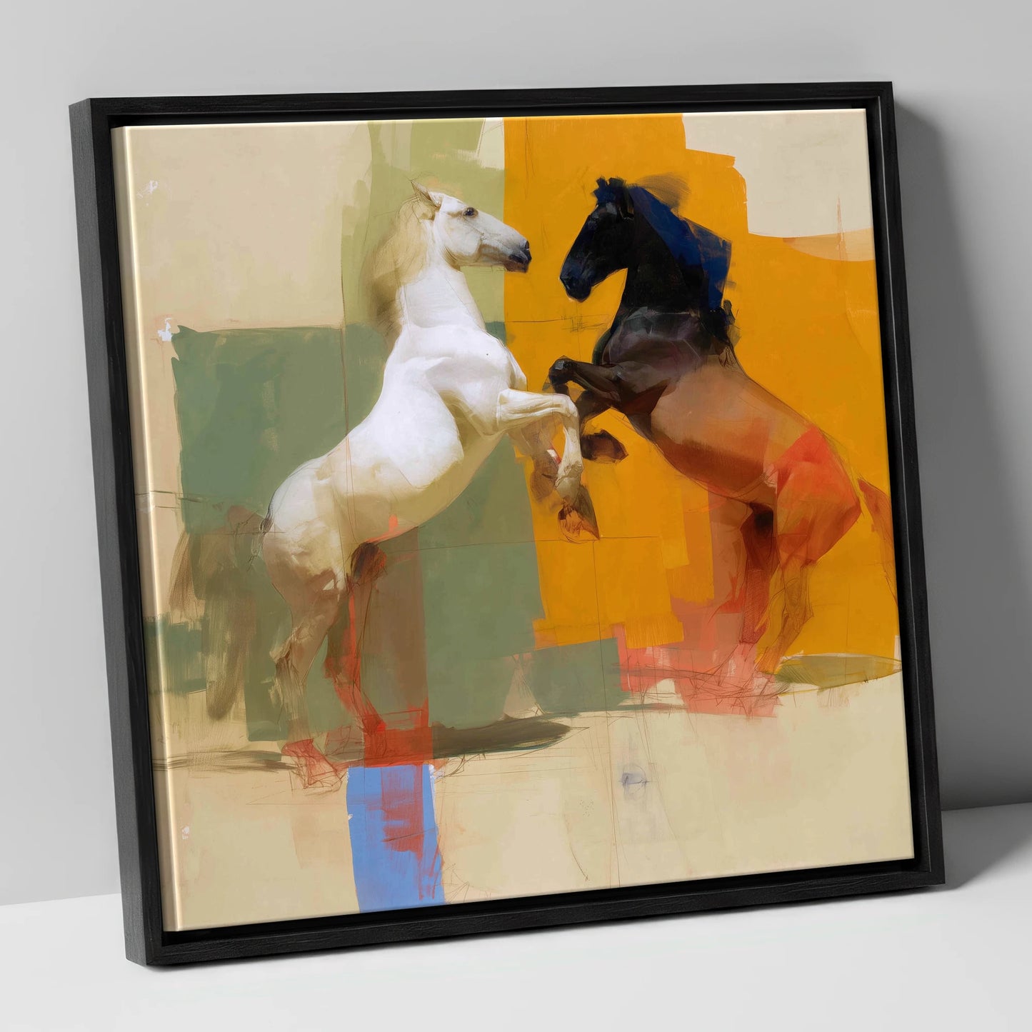 The Bold Encounter wild horses canvas wall art in black frame