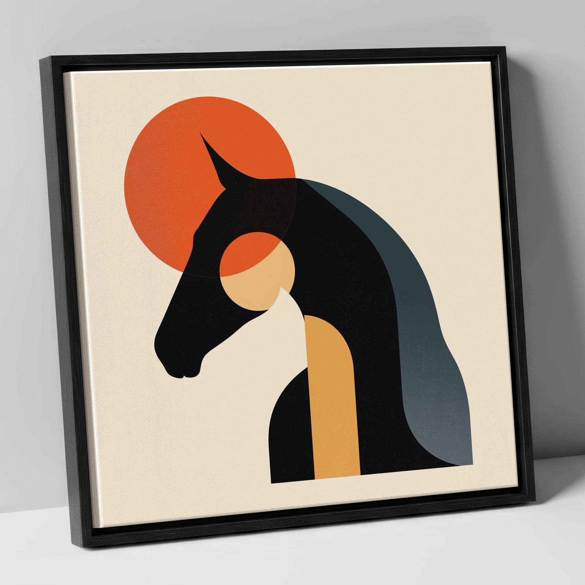Geometric Equine Harmony horse & rider canvas wall art in black frame